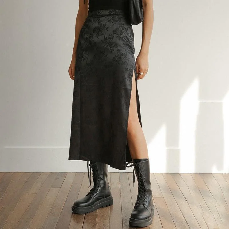 Dark Floral Side Slit Midi Skirt floral skirt print