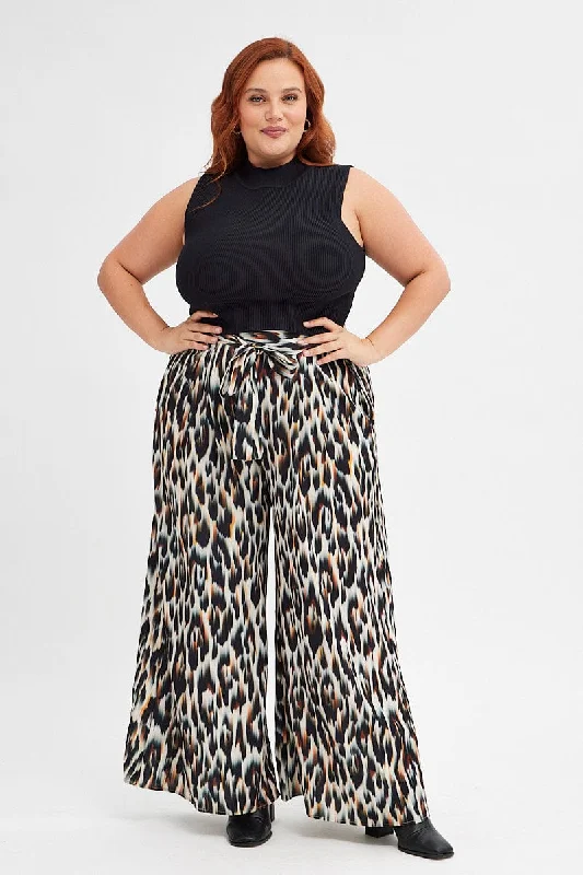 Multi Animal Print Wideleg Pants Abstract Leopard Tie Waist Elegant Dress Pants