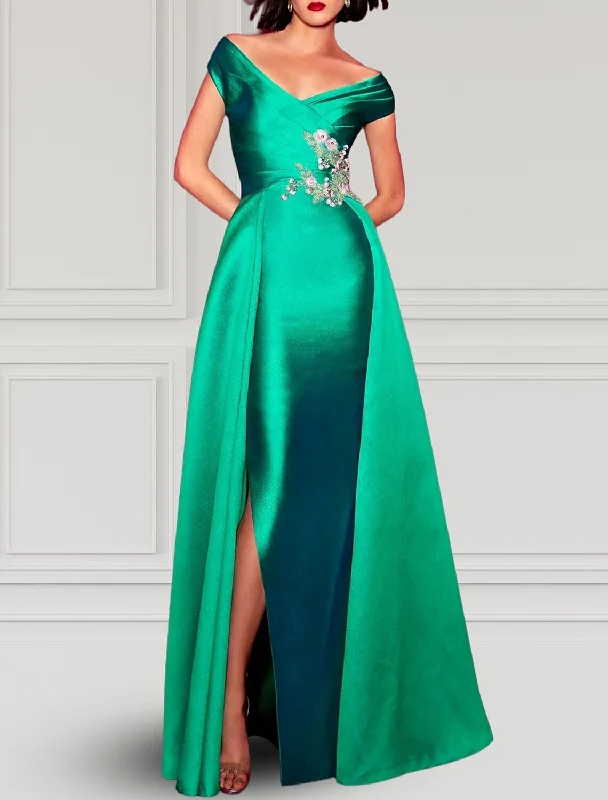 A-Line Evening Gown Party Dress Elegant Dress Formal Fall Floor Length Short Sleeve V Neck Satin with Slit Appliques Tunics Plaid country