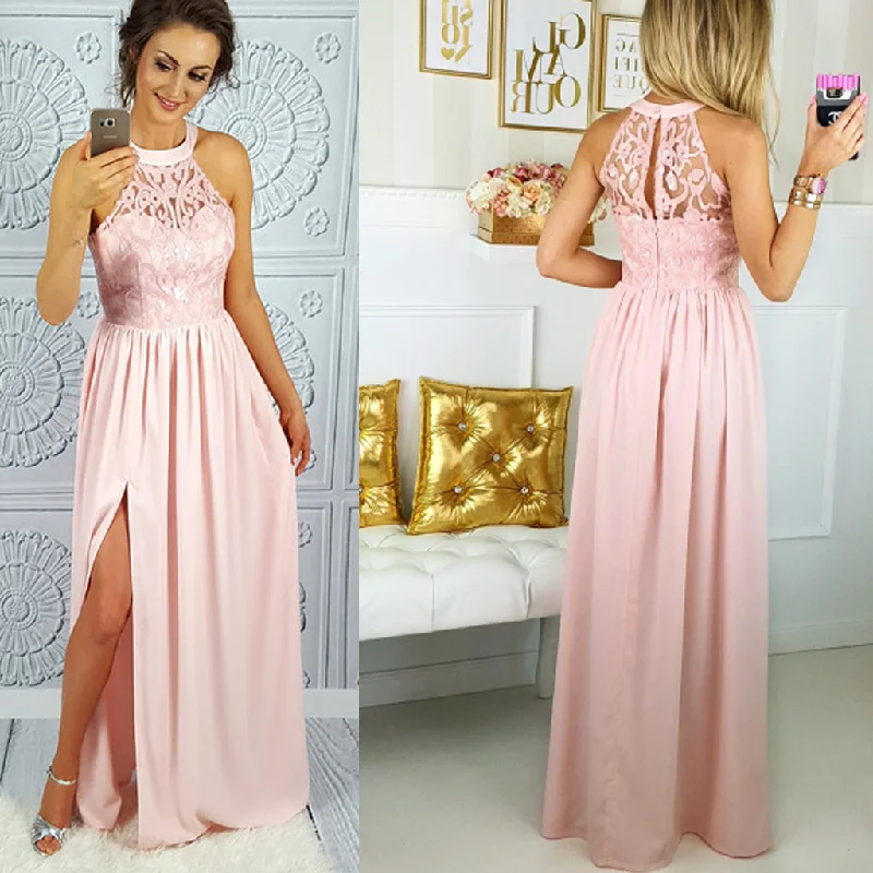 Long Prom Dresses, Chiffon Prom Dresses, Side-Split Party Dresses, Halter Evening Dresses, Sleeveless Prom Dress, Pink Prom Dress, Lace Prom Dress, LB0585 Tunics Vintage classic