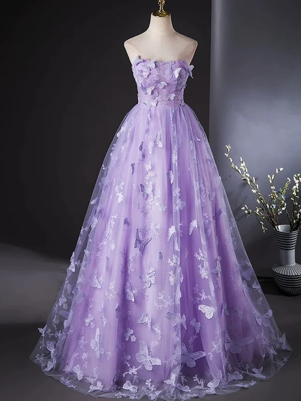 Purple Lace Strapless Floor Length Party Dress, Purple Lace Long Prom Dress Tunics Silk luxurious