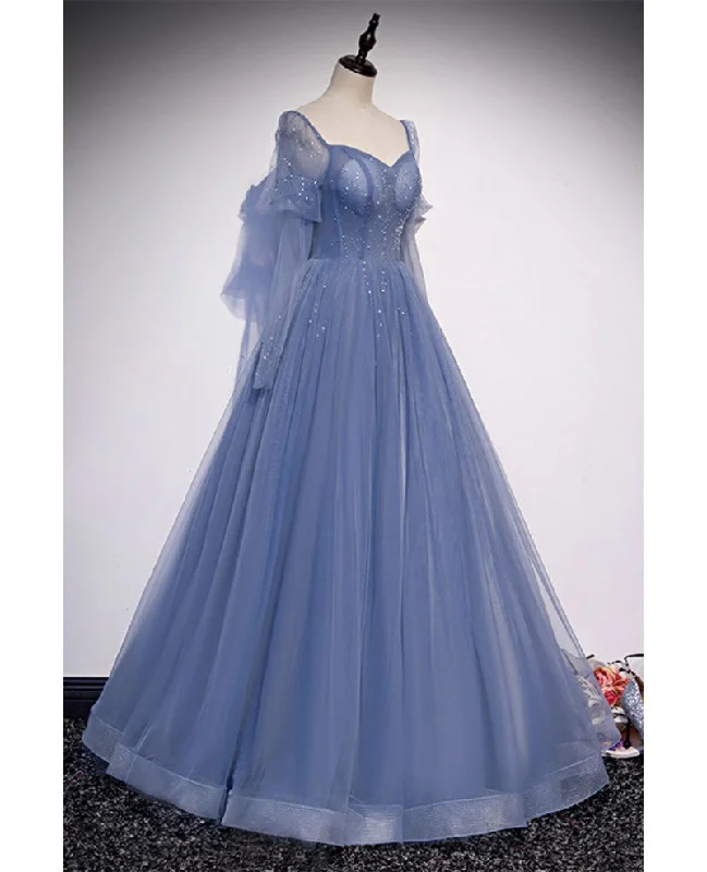 Beautiful blue sheer beaded long party dress, A-shaped long sleeved backless and floor length evening dress Tunics Favorite customer