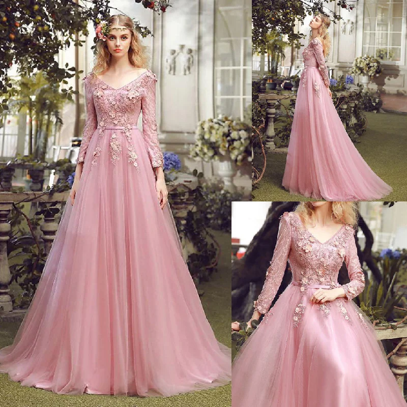 Long Prom Dress, V-Neck Prom Dress, Tulle Prom Dress, A-Line Prom Dress, Long Sleeve Prom Dress, Applique Prom Dress, Party Dresses, Evening Dresses, LB0693 Tunics Satin smooth