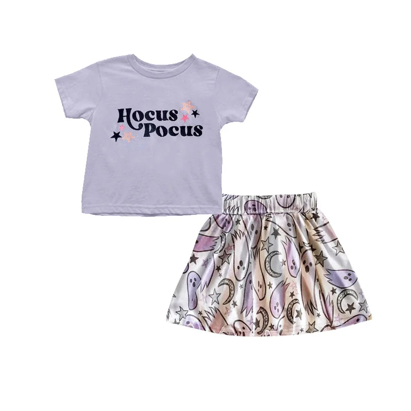 Preorder GSD1398 NO MOQ hocus pocus Stars Purple short sleeve Ghost Stars Moon skirt set summer skirt style