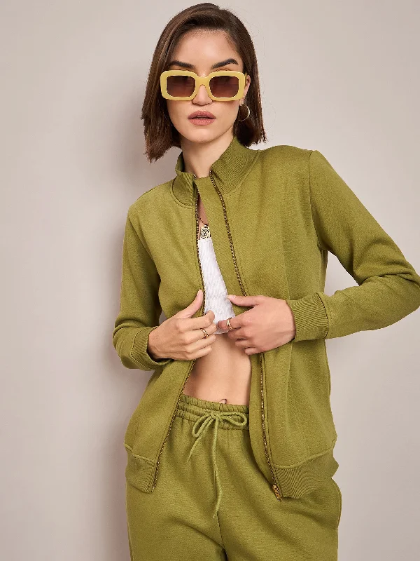 Women Olive Fleece Zipper Jacket Fleece Jacket Down Jacket Feather Jacket