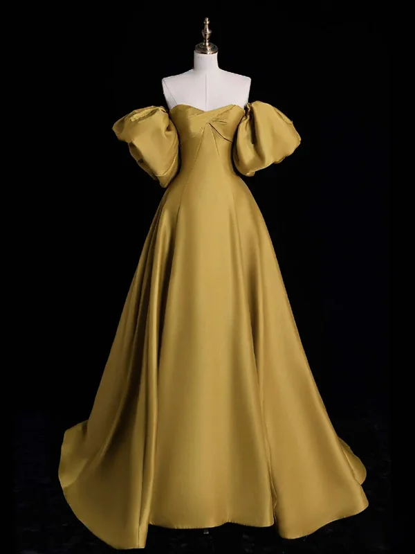 Gold Satin A-line Lace-up Long Party Dress with Sleeves, Gold Satin Prom Dress Turtleneck Neckline Stylish