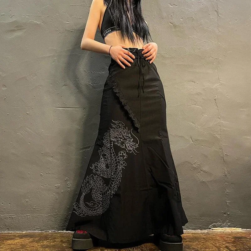 Gothic Dragon Printed Maxi Skirt modal blend skirt