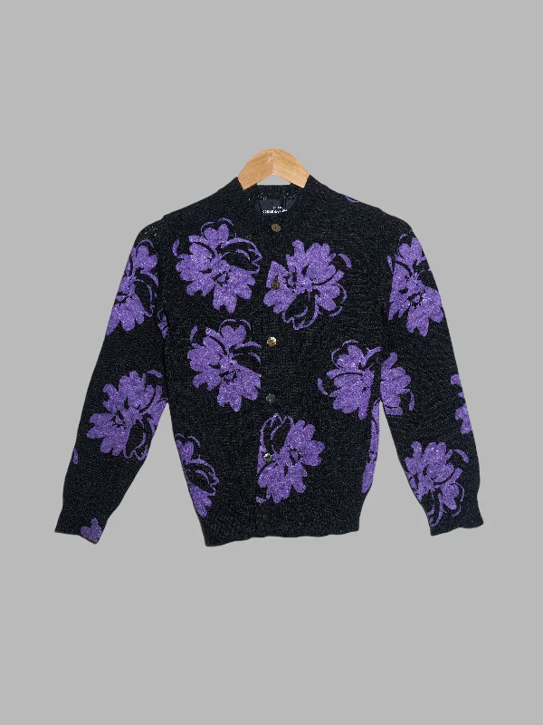 Tricot Comme des Garcons 1997 black wool cardigan with purple painted flowers Print Jacquard Patchwork Tricot Comme des Garcons 1997 black wool cardigan with purple painted flowers Print Jacquard Patchwork