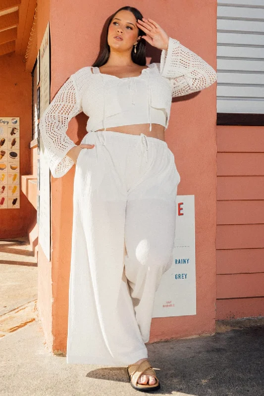 White Wide Leg Pants High Rise Textured Fabric Classic Bootcut Trousers