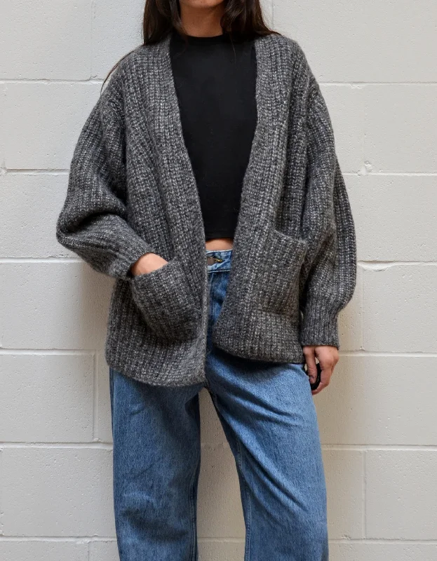 Marine Cardigan in Granite Real Fur Shearling Chenille