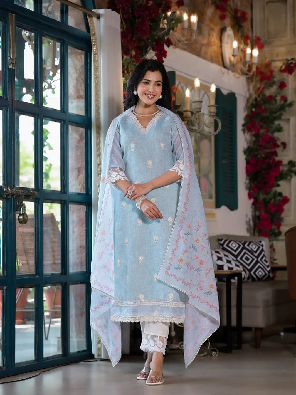 Blue Designer Readymade Linen Pant Suit With Digital Printed Work High-Waist Trousers