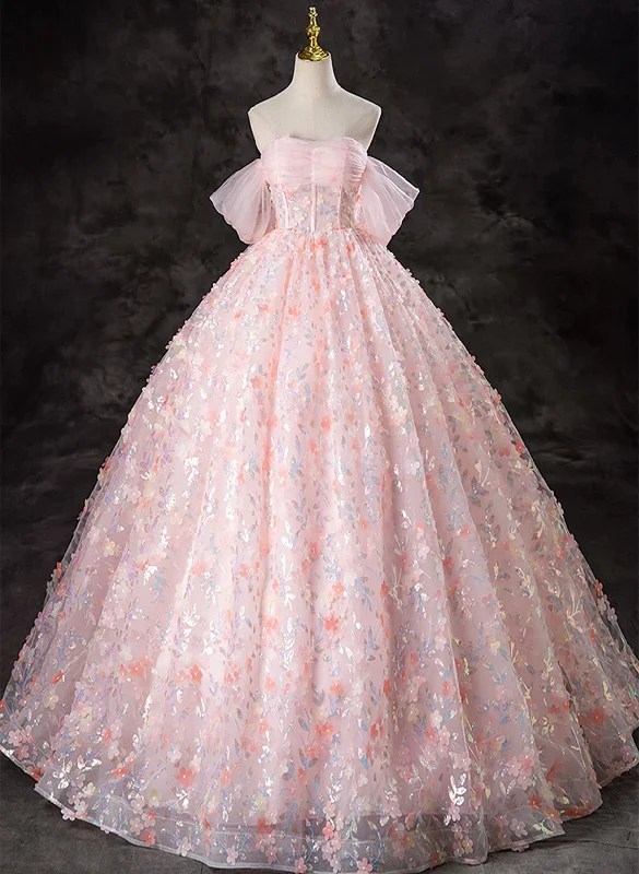 Pink Lace A-line Off Shoulder Long Party Dress, Pink Lace Prom Dress Tunics Luxurious premium