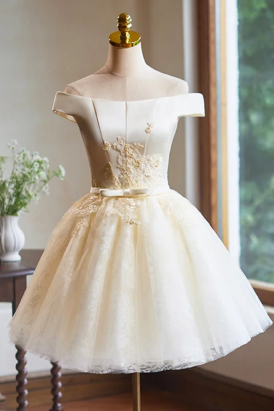 Cute Tulle Lace Knee Length Prom Dress, Champagne Off the Shoulder Evening Party Dress Tunics Summer linen