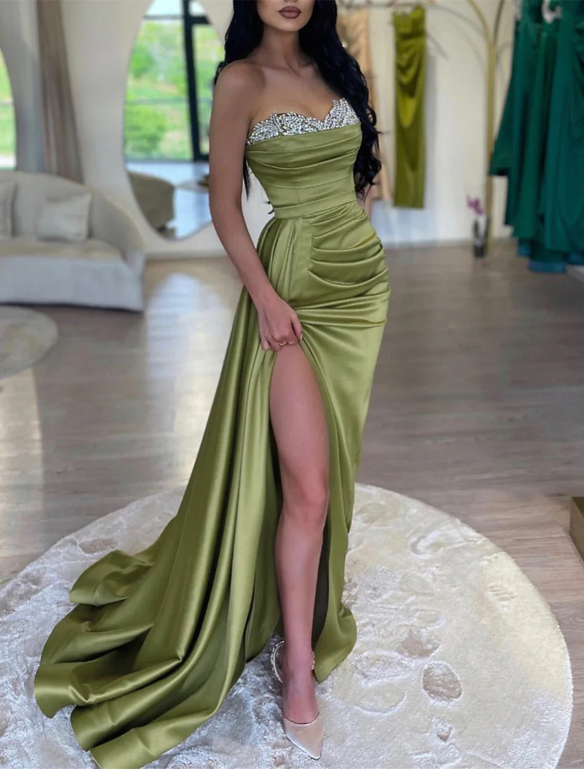 Mermaid Party Dress Evening Gown Sparkle & Shine Dress Formal Wedding Court Train Sleeveless Strapless Satin with Rhinestone Ruched Slit Tunics Sale discount