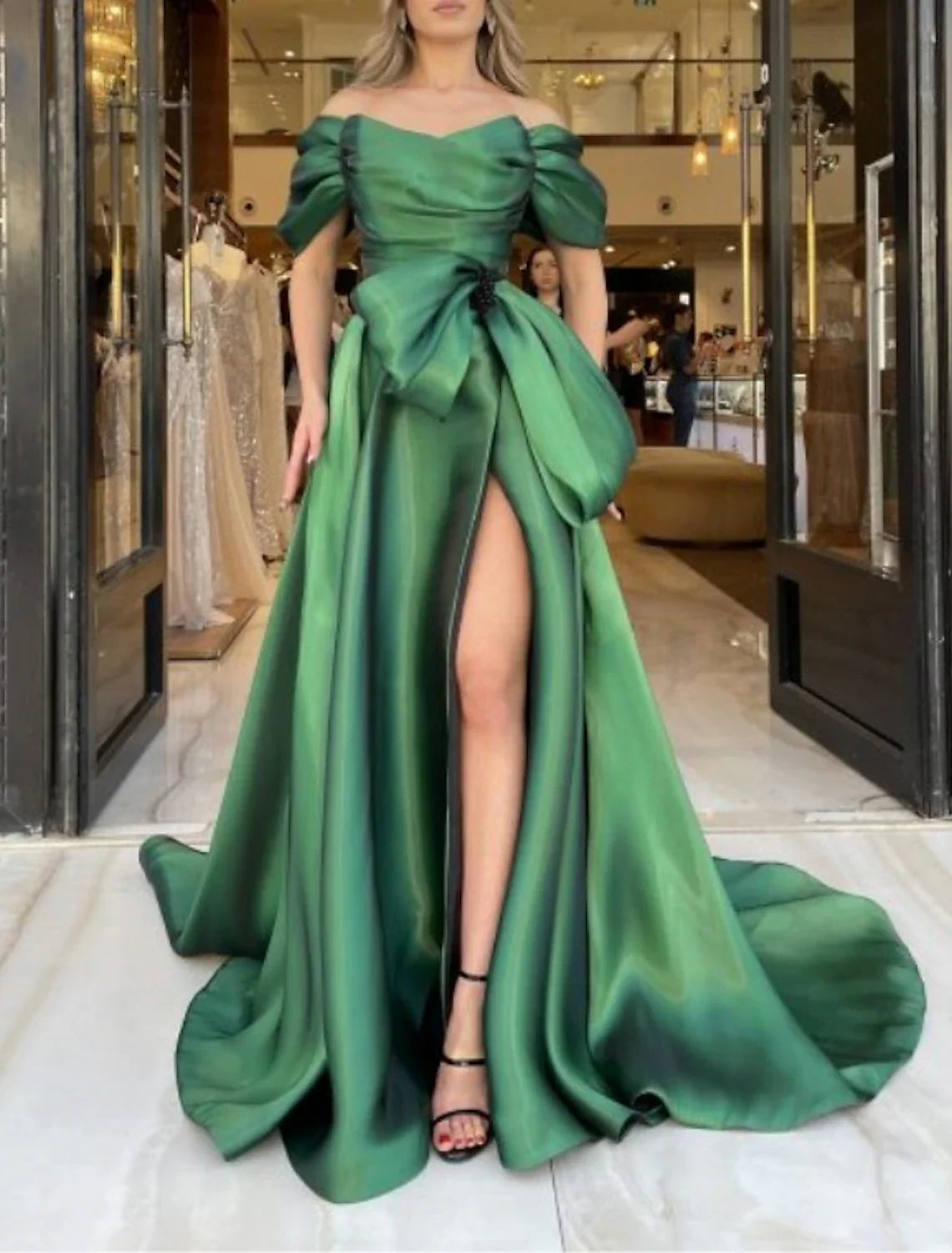 A-Line Evening Gown Party Dress Sparkle & Shine Dress Formal Wedding Reception Chapel Train Short Sleeve Off Shoulder Satin with Bow(s) Ruched Beading Tunics Handmade artisanal