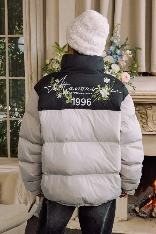 Handwritten Floral Embroidered Puffer Jacket V-Neck Jacket Boat Neck Jacket Square Neck Jacket