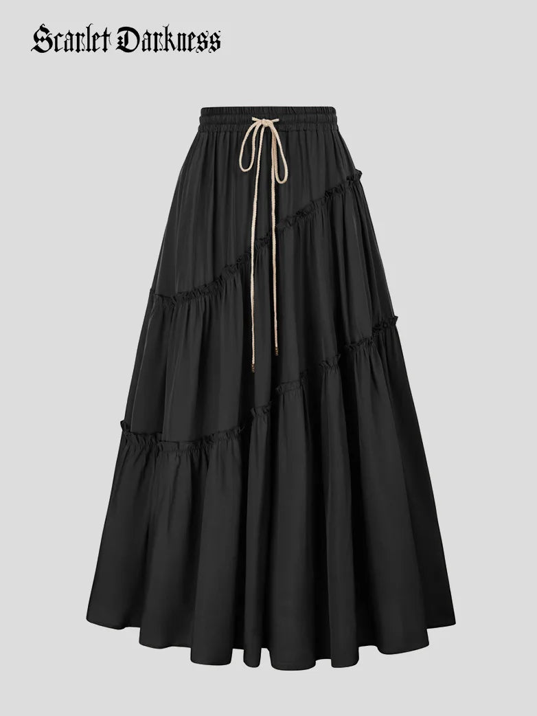 Women Pleated Tiered Swing Skirt Drawstring Maxi Skirt silk skirt lustrous
