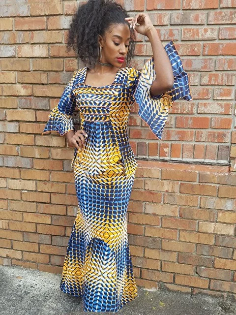 Blue and Orange African Print Top and Skirt-DP3544 patchwork skirt art