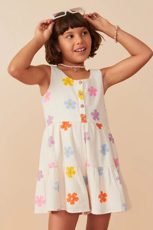 Floral Gauze Textured Tiered Tank Romper peach tank top