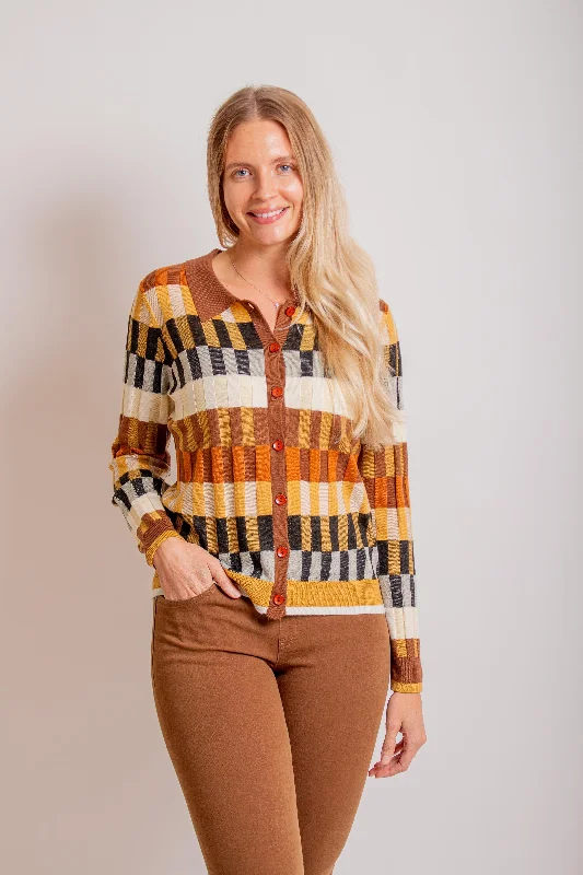 Brown Color Block Cardigan Top Striped Floral Plaid