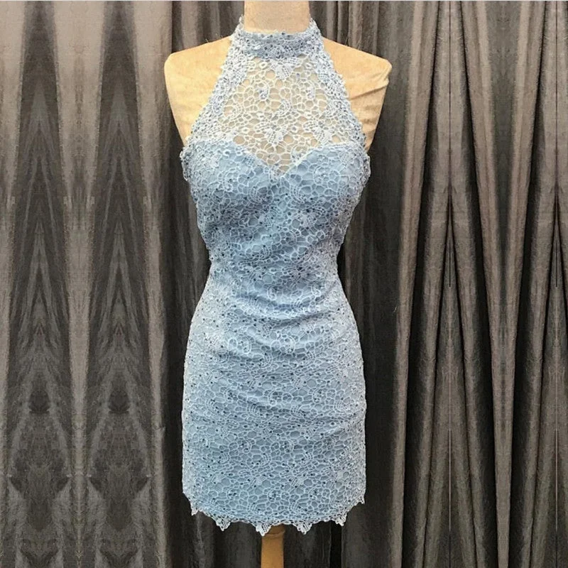 Elegant High Neck Open Back Lace Homecoming Dresses Sheath Party Dress Tunics Stylish modern