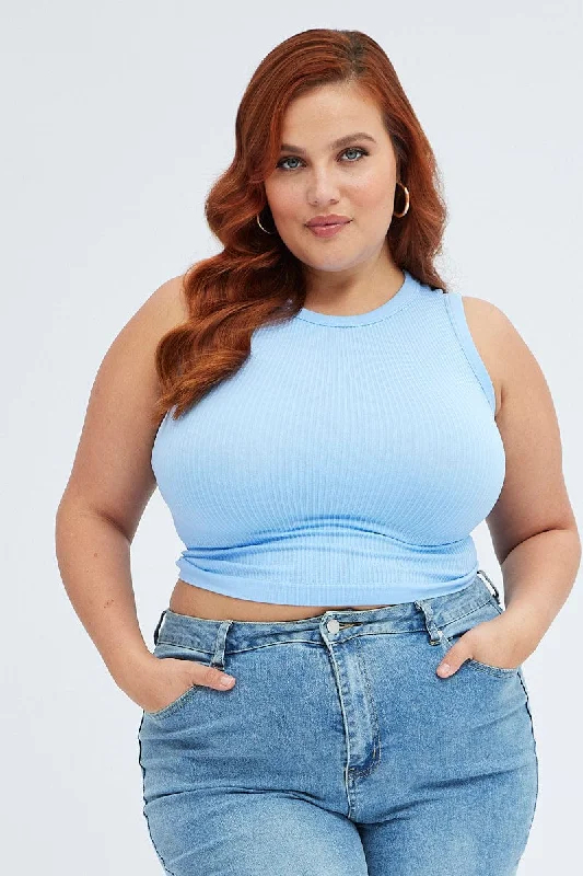 Blue Tank Top Sleeveless Crew Neck Seamless off shoulder tank