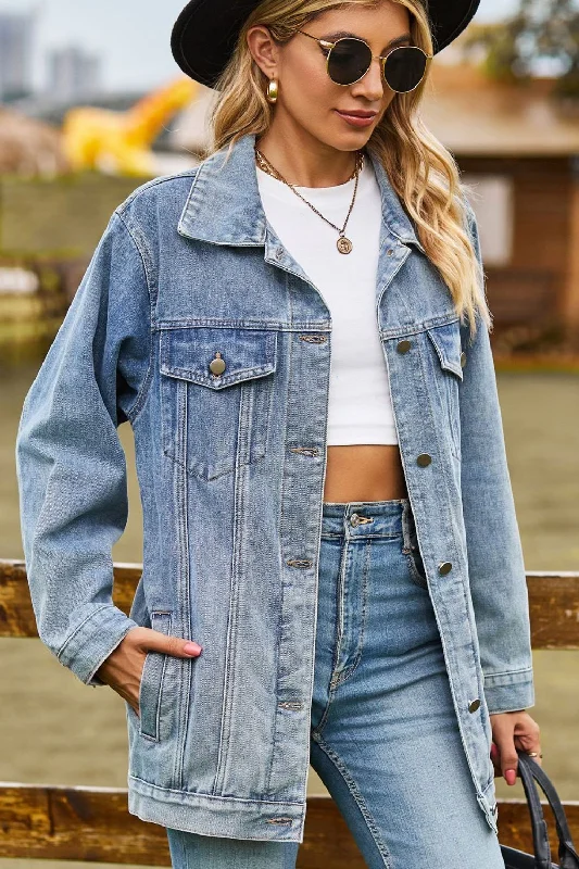 Buttoned Collared Neck Denim Jacket with Pockets Hoodie Zip-Up Jacket Button-Up Jacket