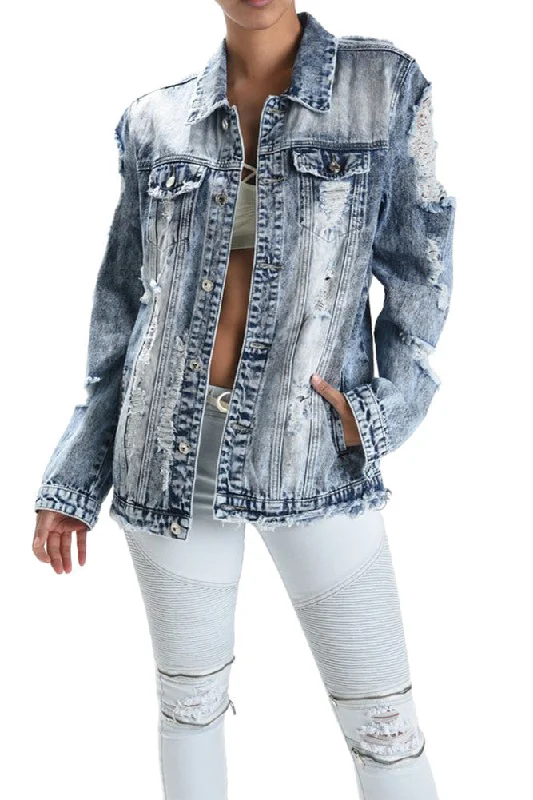 Women's Destroyed Boyfriend Jacket Zippered Front Buttoned Front Snap Front