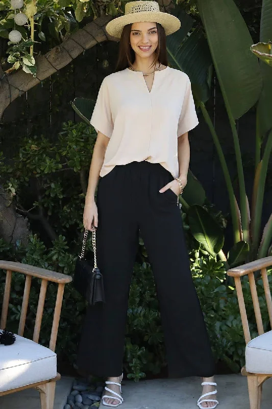 Easy Pull-On Cotton Linen Pants with Side Pocket - Black Soft Stretch Trousers