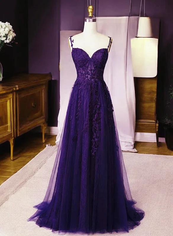 Dark Purple Sweetheart Tulle with Lace Straps Party Dress, Dark Purple Prom Dress Tunics Leisure comfortable