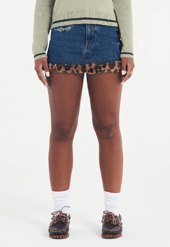 Womens Leo Fur Trim Denim Mini Skirt - Indigo leather skirt bold