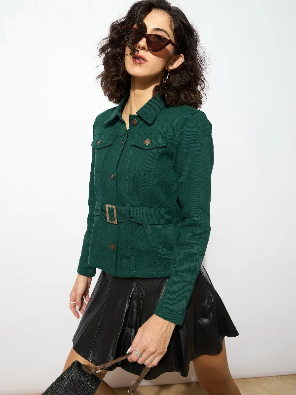Women Emerald Green Denim Belted Jacket Zippered Front Buttoned Front Snap Front