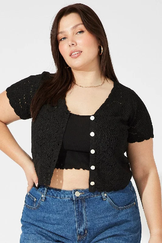 Black Crochet Knit Cardigan Short Sleeve Crew Neck V-Neck Turtle Neck
