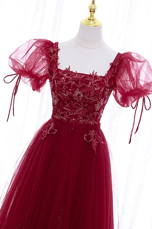 Burgundy Short Sleeve Tulle Tea Length Prom Dress, A-Line Party Dress Tunics Silk luxurious