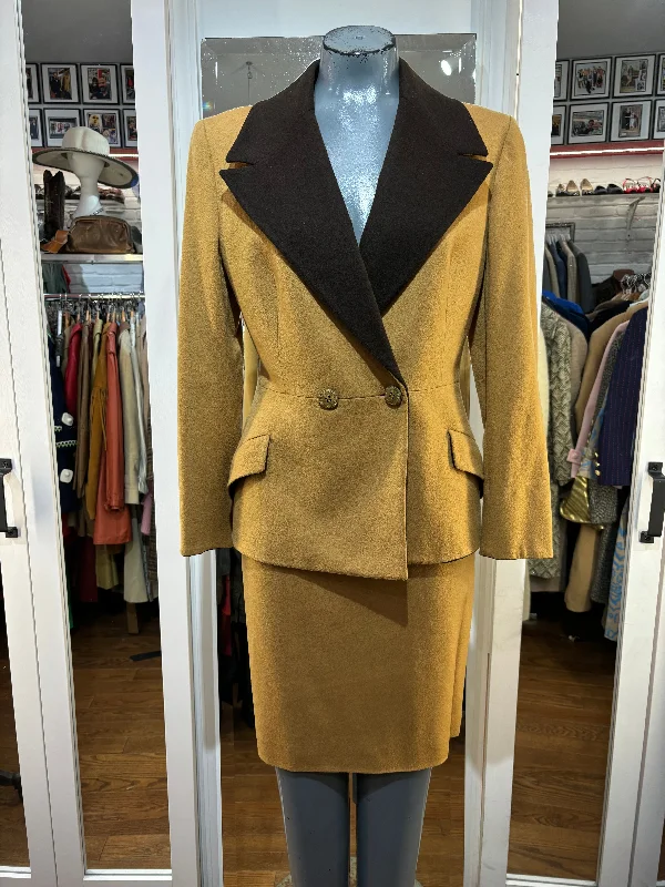 90’s Beige & Collar Brown Skirt Suit 2 Piece Set By Gianni Versace Couture velvet skirt glossy