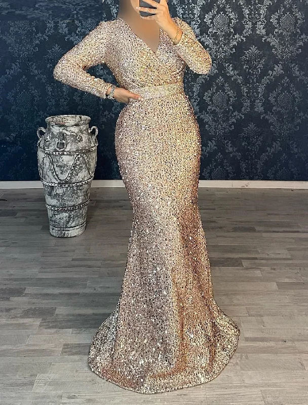 Mermaid / Trumpet Evening Gown Red Green Dress Party Dress Masquerade Black Tie Floor Length Long Sleeve V Neck Belt / Sash Sequined with Ruched Off-the-shoulder Bohemian Festive