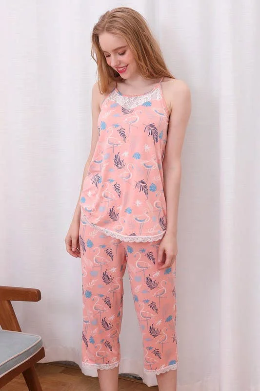 Plus Size Racerback Top Capri Pants Pajama Set - Blush Teal Trendy Wide-Leg Pants