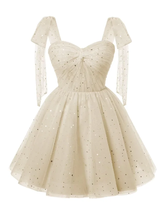 Sparkly Starry Light Champagne Tulle Short Homecoming Dresses Spaghetti Bow Straps Prom Dress Sequin Cocktail Party Dress for Teens Pleated Skirt Elegant