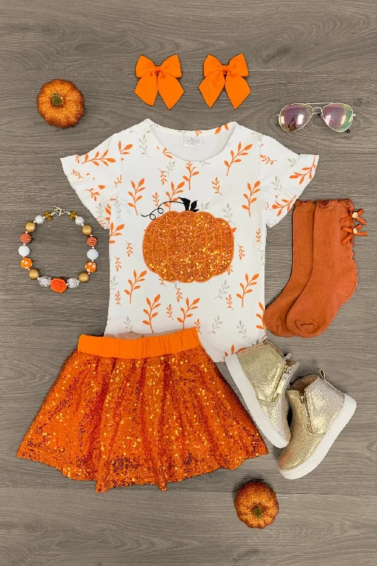 Preorder GSD1399 NO MOQ Pumpkin white short sleeve orange sequin skirt set velvet skirt plush