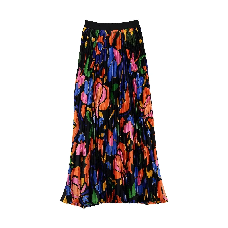 Ava and Lu Multi Print Pleated Maxi Skirt linen skirt breathable