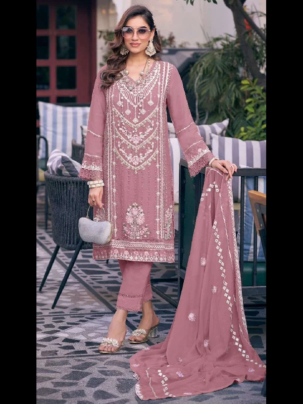 Mauve Classy Designer Semi-Stitched Fox Georgette Pant Suit With Embroidery Sequins Work Classic Straight Pants