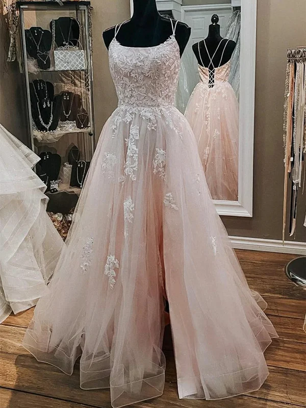 Pink Tulle  Lace Appliques A Line Open Back Long Prom Dress, Pink Party Dress Crew Neckline Casual