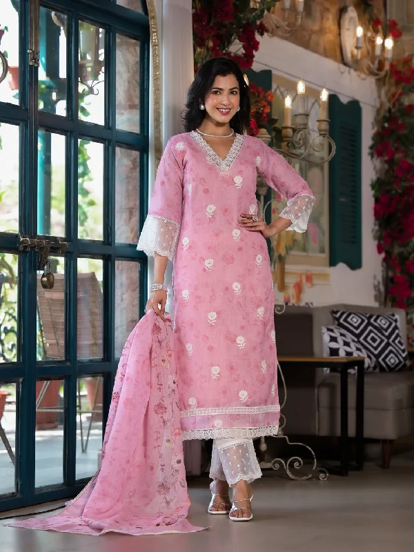 Pink Designer Readymade Linen Pant Suit With Digital Printed Work Elegant Dress Pants