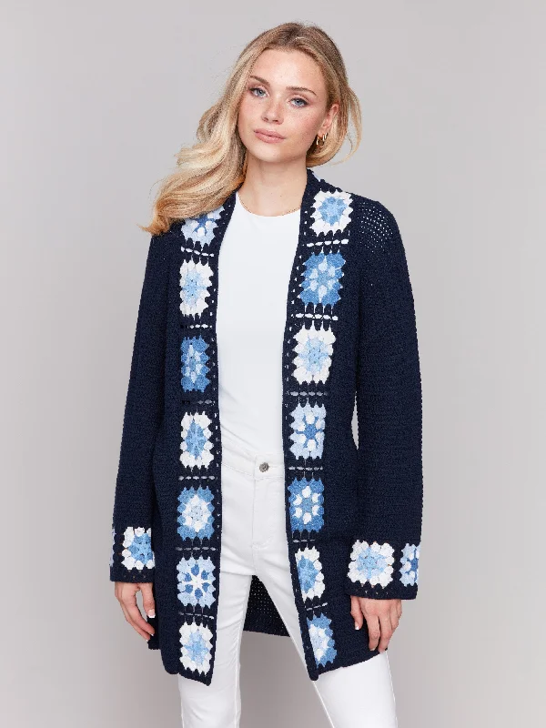 Cotton Crochet Border Cardigan - Navy Collared Crew Neck Turtle Neck