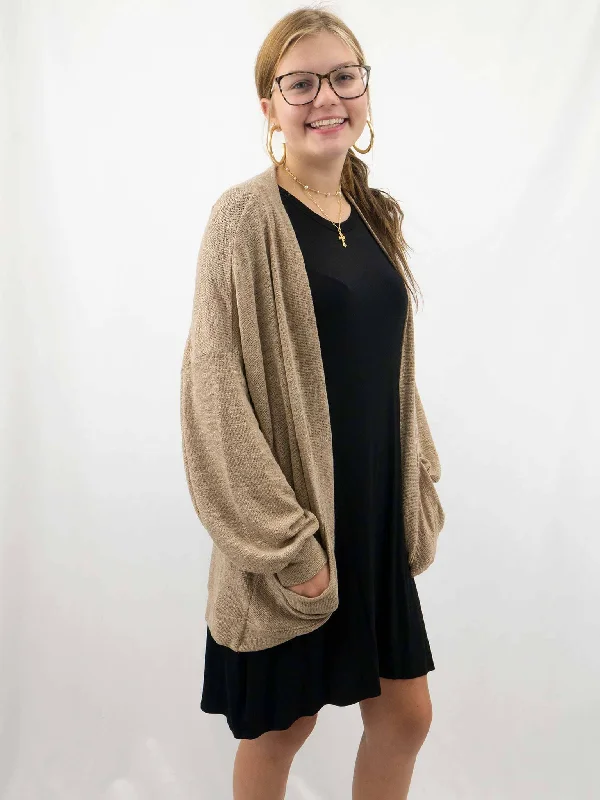 Taupe Draped Open Cardigan Tailored Straight A-Line