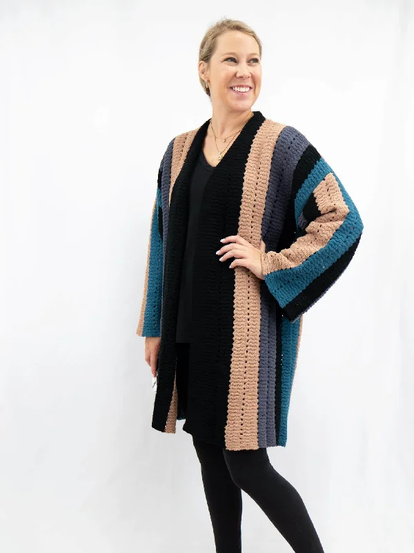 Chenille Feel Striped Bell Sleeve Cardigan Boat Neck Shawl Collar Notched Collar