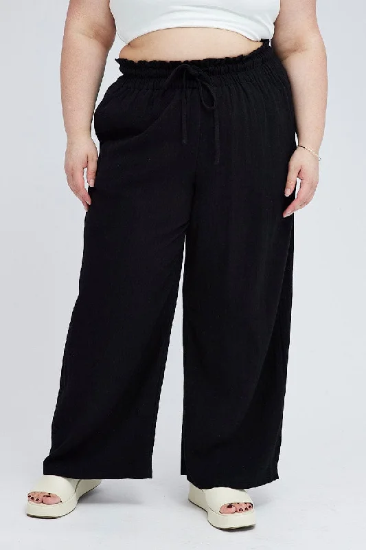 Black Wideleg Pants Paperbag Elastic Waist Linen Blend Sleek Black Pants