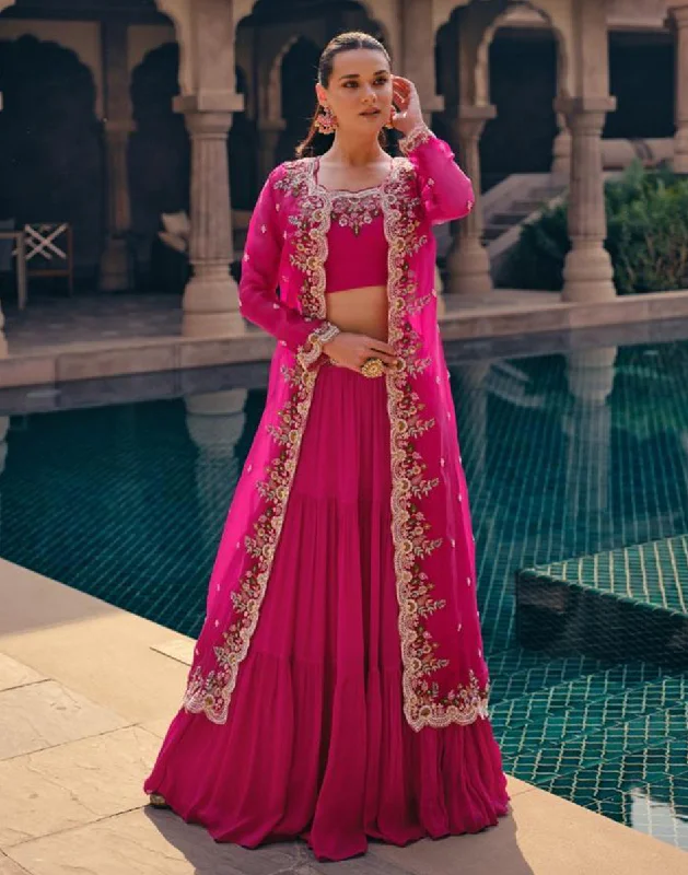 Elegant Pink Embroidered Chinon Silk Georgette Lehenga Blouse with Stylish Jacket Corduroy Jacket Velvet Jacket Brocade Jacket Elegant Pink Embroidered Chinon Silk Georgette Lehenga Blouse with Stylish Jacket Corduroy Jacket Velvet Jacket Brocade Jacket