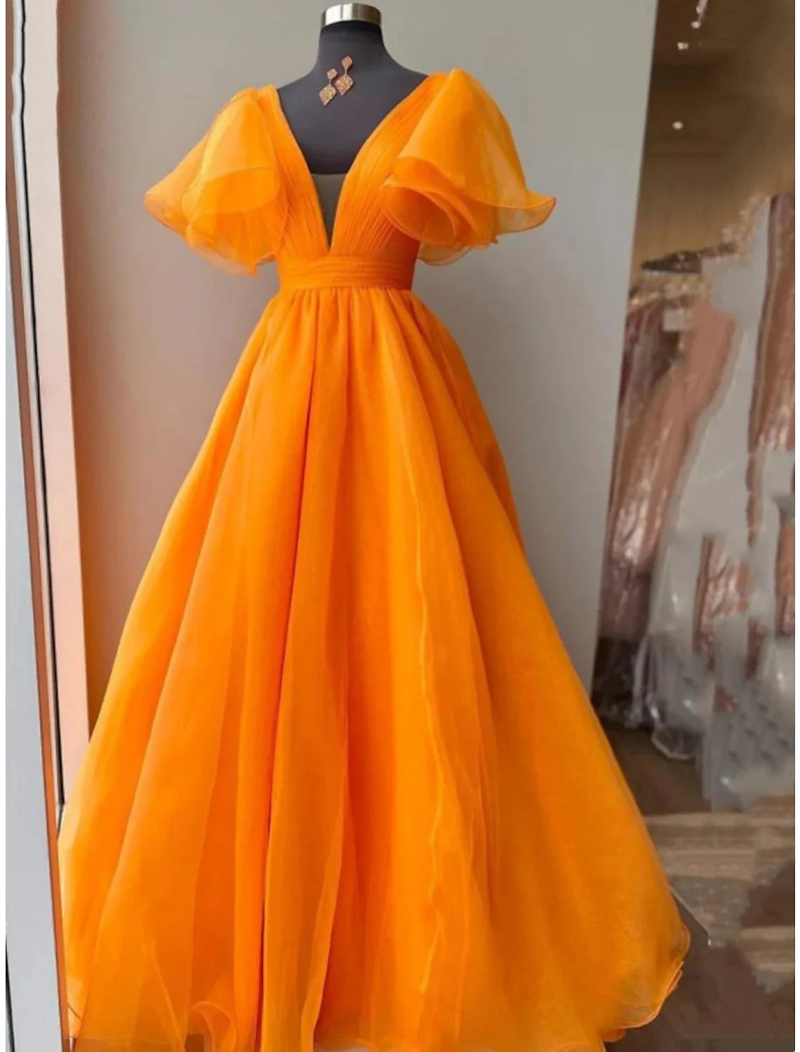 Ball Gown Evening Gown Celebrity Style Dress Wedding Party Dress Floor Length Short Sleeve V Neck Fall Wedding Guest Organza with Pleats Ruffles Tunics Essential wardrobe