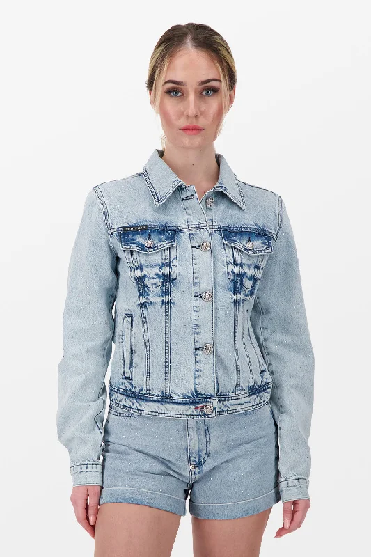 Philipp Plein Blue Denim Jacket Notch Collar Peter Pan Collar Cowl Neck